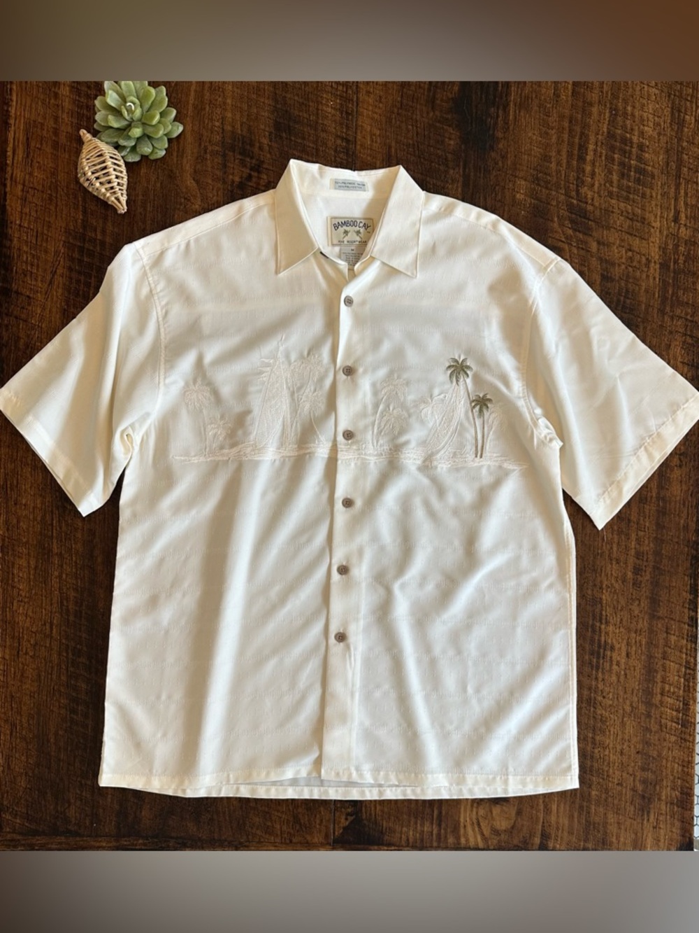 Bamboo Cay | Embroidered Tropical Palm Tree Camp Shirt - Cream Off-White, Size M